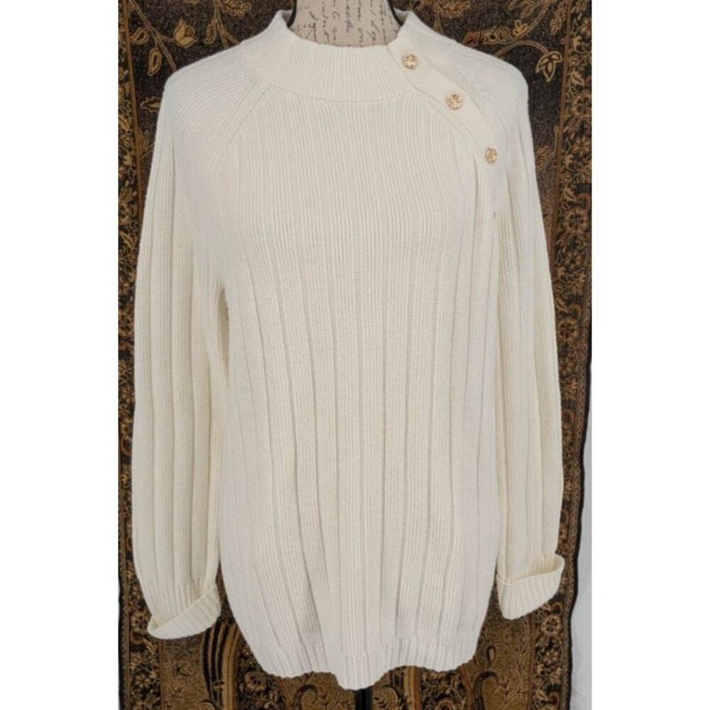 TALBOTS White Sweater Large Heavy Weight Ribbed Preppy Great